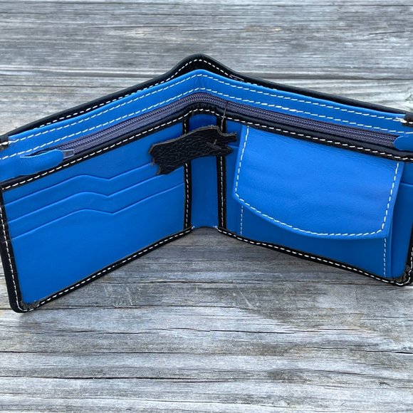 Handmade Leather Wallet BlueBlack Men Card Holder Bifold Purse Multi CardHolder